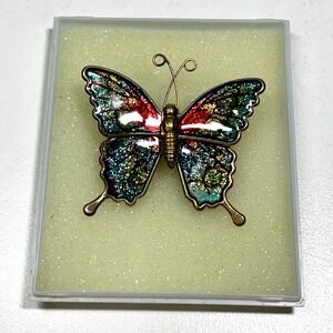 Vintage Brooch Pin Butterfly Enameled Glitter Gold Tone Colorful 1.5"